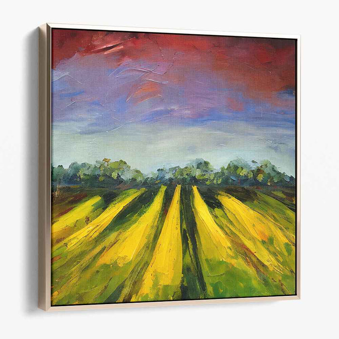 Golden Fields Under a Crimson Sky: Vibrant Landscape Canvas Art Print