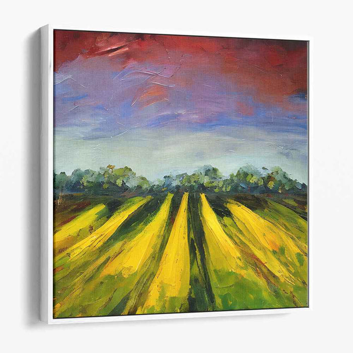 Golden Fields Under a Crimson Sky: Vibrant Landscape Canvas Art Print