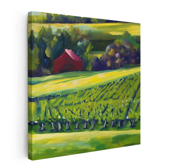 Rural Charm: Serene Landscape with Red Barn Canvas Art Print