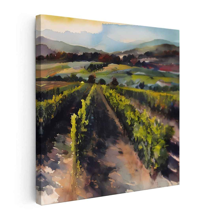 Morning Glow: Tranquil Vineyard Landscape Watercolor Painting