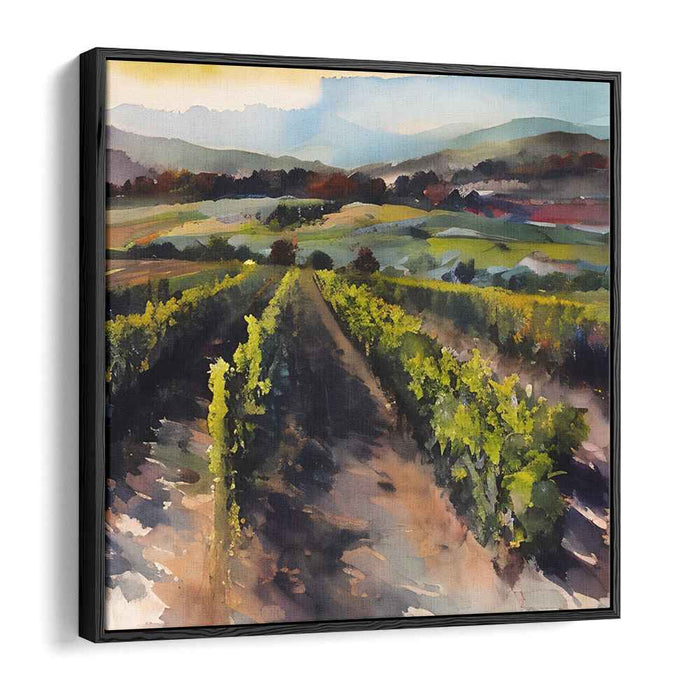 Morning Glow: Tranquil Vineyard Landscape Watercolor Painting
