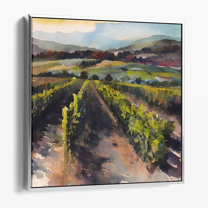 Morning Glow: Tranquil Vineyard Landscape Watercolor Painting