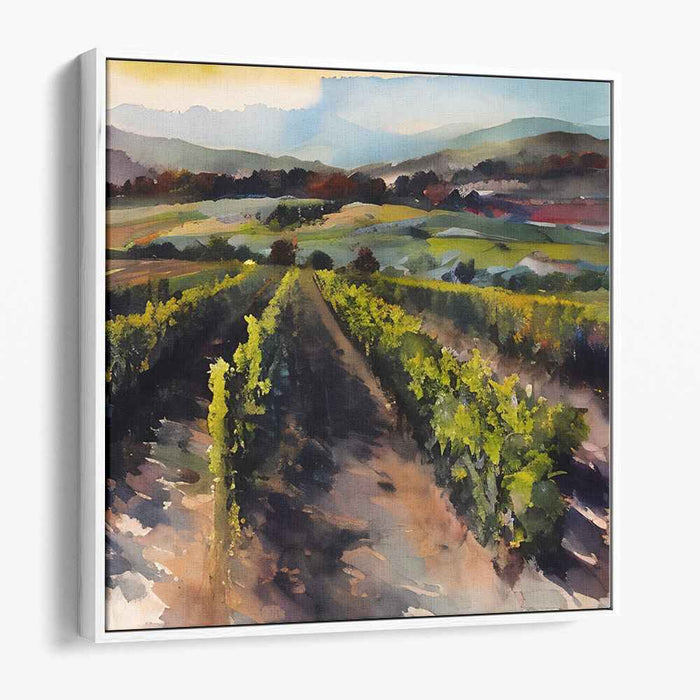 Morning Glow: Tranquil Vineyard Landscape Watercolor Painting
