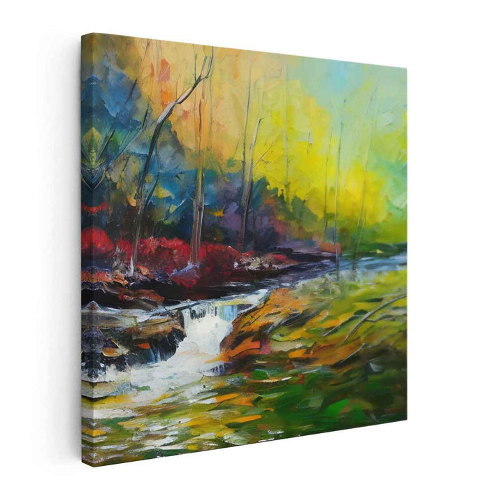 Vibrant Forest Stream: Impressionist Woodland Canvas Art Print