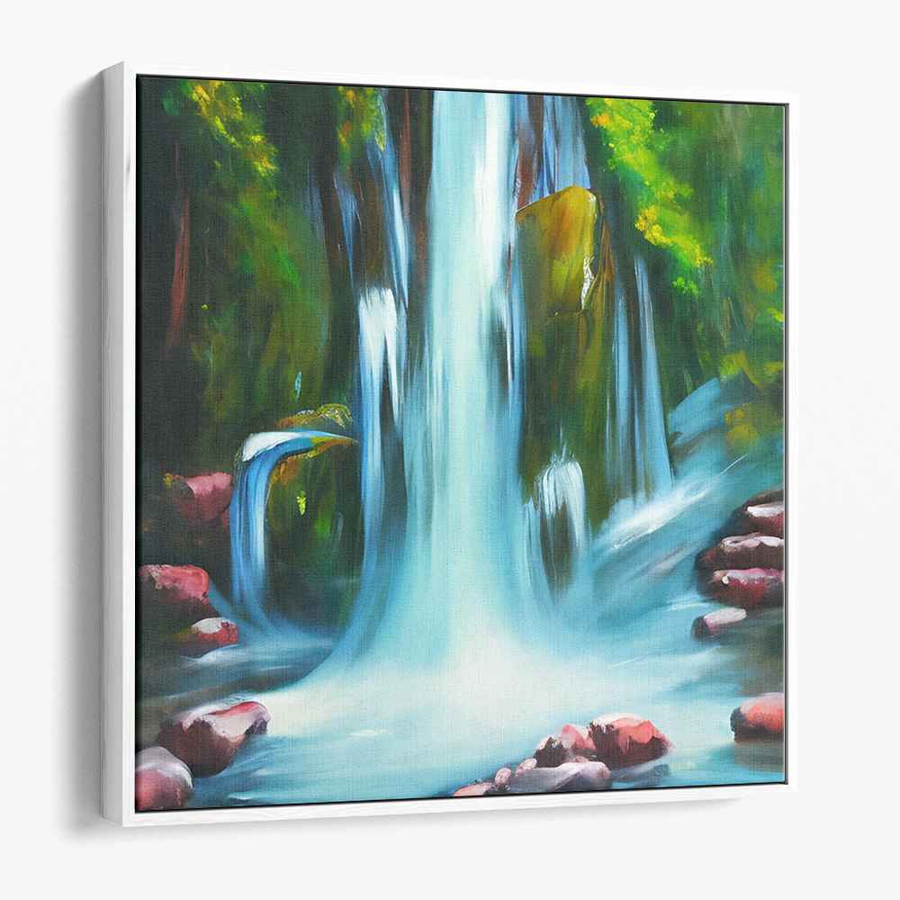 Verdant Cascade Reverie: Realistic Waterfall in Lush Forest Canvas