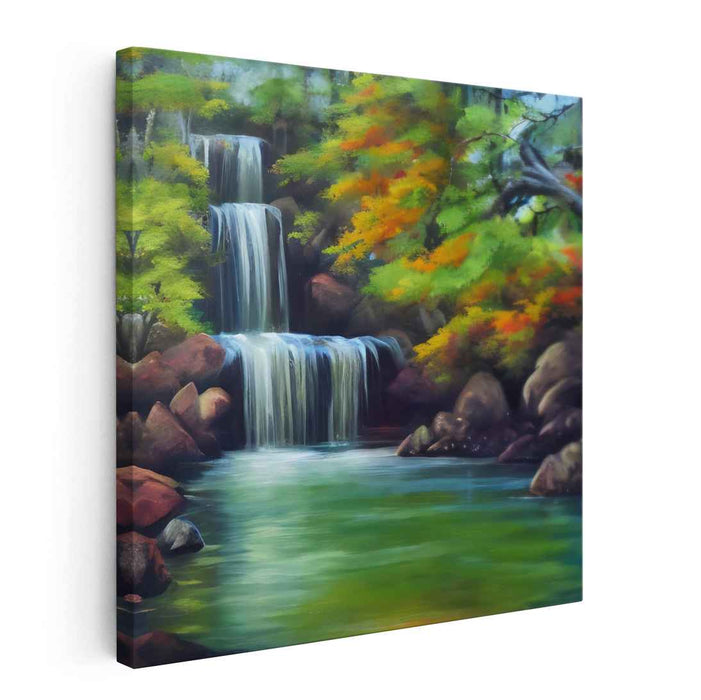Autumnal Spectrum: Lush Waterfall and Autumn Foliage Canvas Art