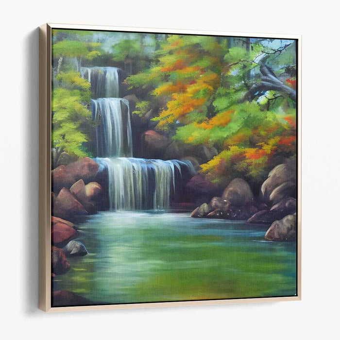 Autumnal Spectrum: Lush Waterfall and Autumn Foliage Canvas Art