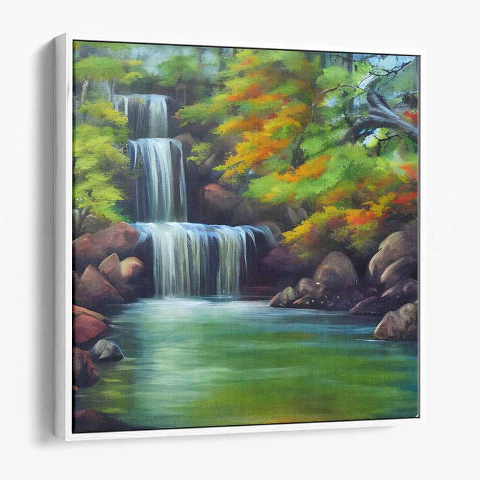 Autumnal Spectrum: Lush Waterfall and Autumn Foliage Canvas Art
