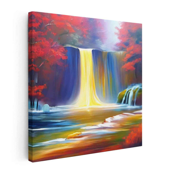 Colorful Cascade Dreamscape: Vibrant Autumn Waterfall Landscape Canvas Art