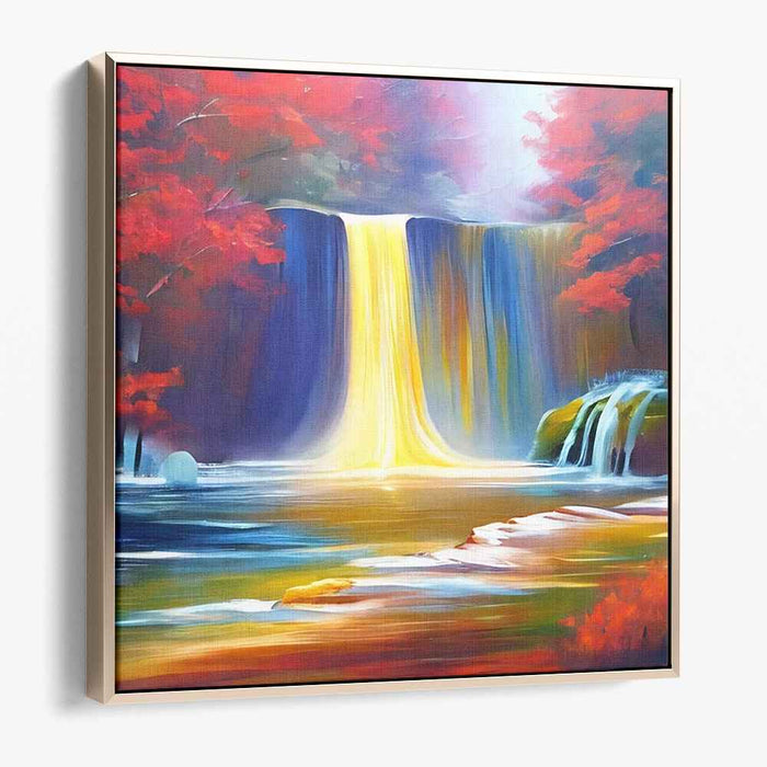 Colorful Cascade Dreamscape: Vibrant Autumn Waterfall Landscape Canvas Art