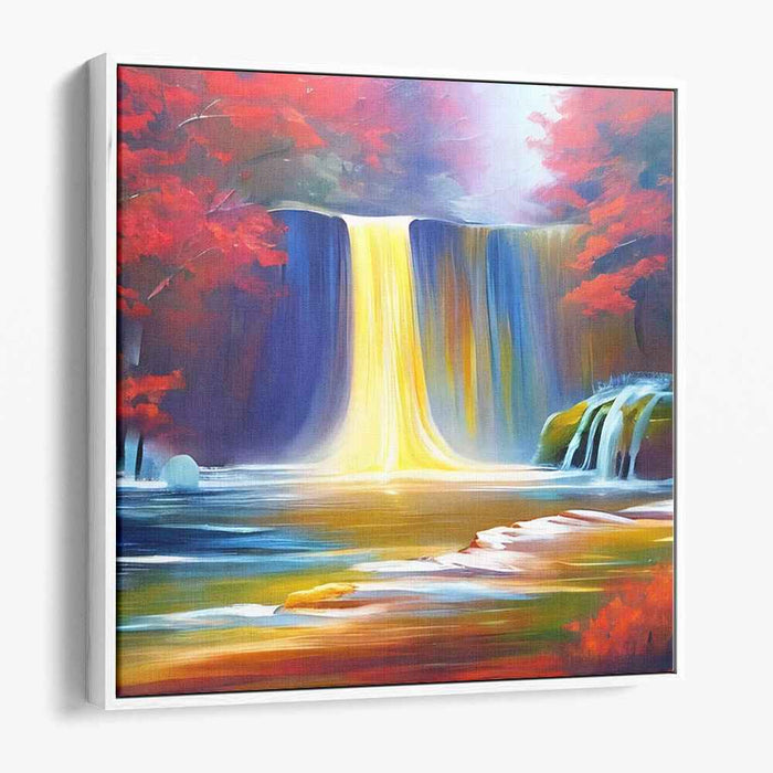 Colorful Cascade Dreamscape: Vibrant Autumn Waterfall Landscape Canvas Art