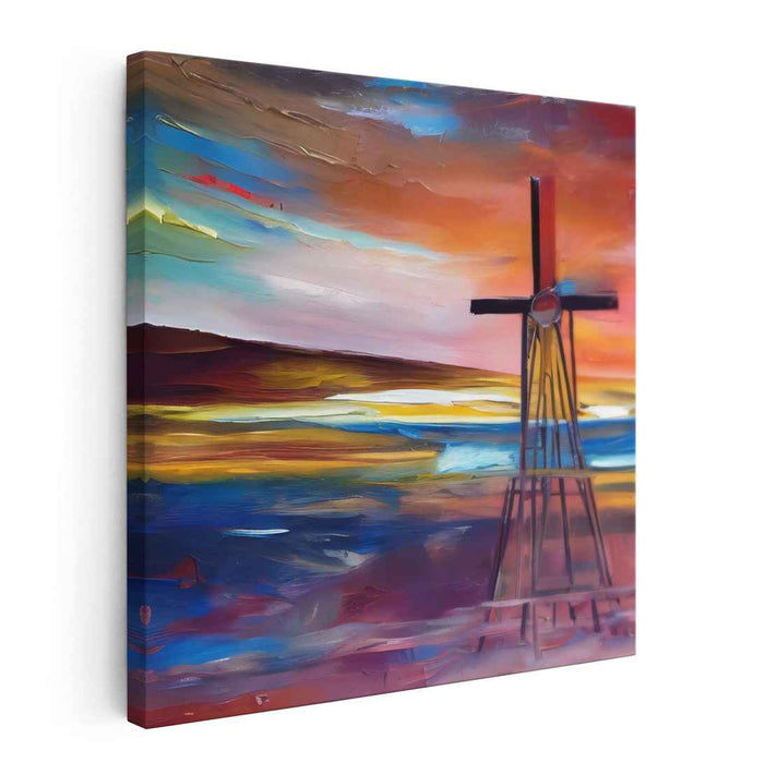 Crossroads of Emotion: Expressionist Landscape with Cross Structure Canvas Art Print