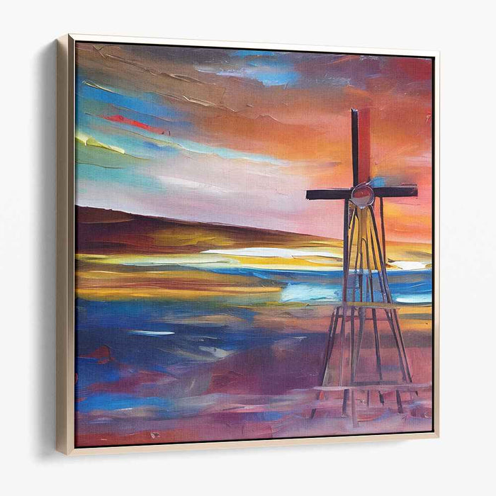 Crossroads of Emotion: Expressionist Landscape with Cross Structure Canvas Art Print