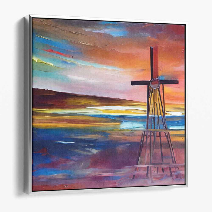 Crossroads of Emotion: Expressionist Landscape with Cross Structure Canvas Art Print