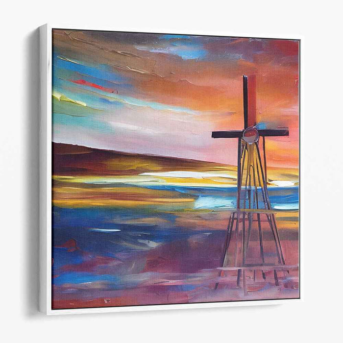 Crossroads of Emotion: Expressionist Landscape with Cross Structure Canvas Art Print