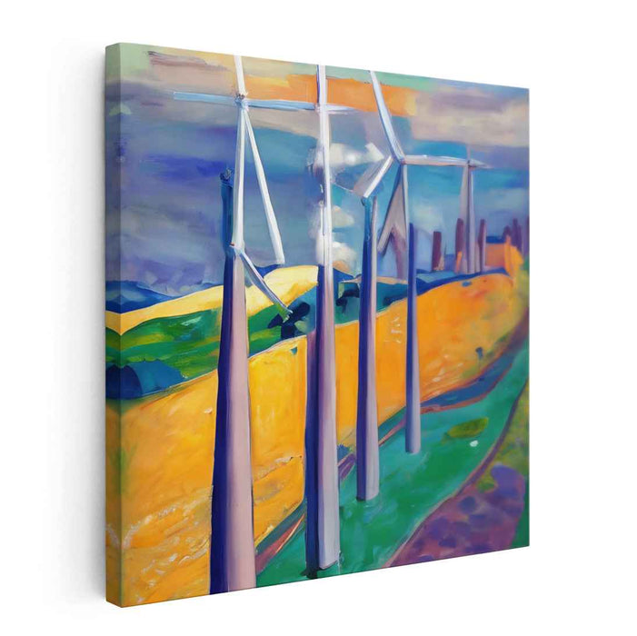 Whirling Gizmos on Canvas: Vibrant Wind Turbines in a Colorful Landscape Canvas Art Print