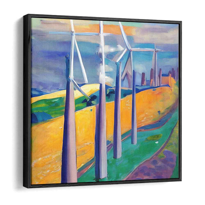 Whirling Gizmos on Canvas: Vibrant Wind Turbines in a Colorful Landscape Canvas Art Print