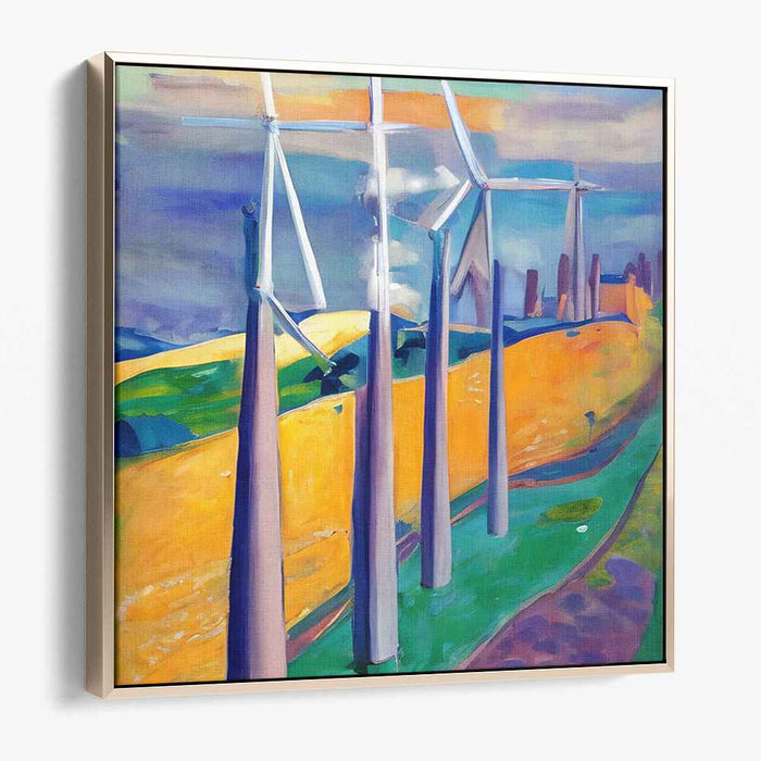 Whirling Gizmos on Canvas: Vibrant Wind Turbines in a Colorful Landscape Canvas Art Print