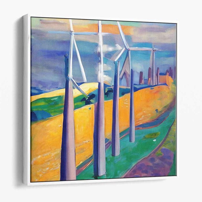 Whirling Gizmos on Canvas: Vibrant Wind Turbines in a Colorful Landscape Canvas Art Print