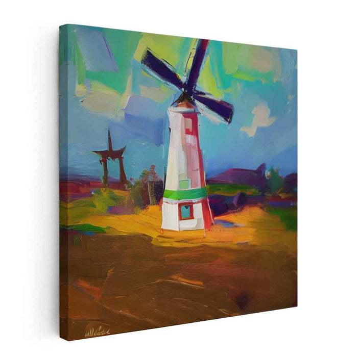 Whirlwind Fields: Expressive Windmill Landscape Canvas Art