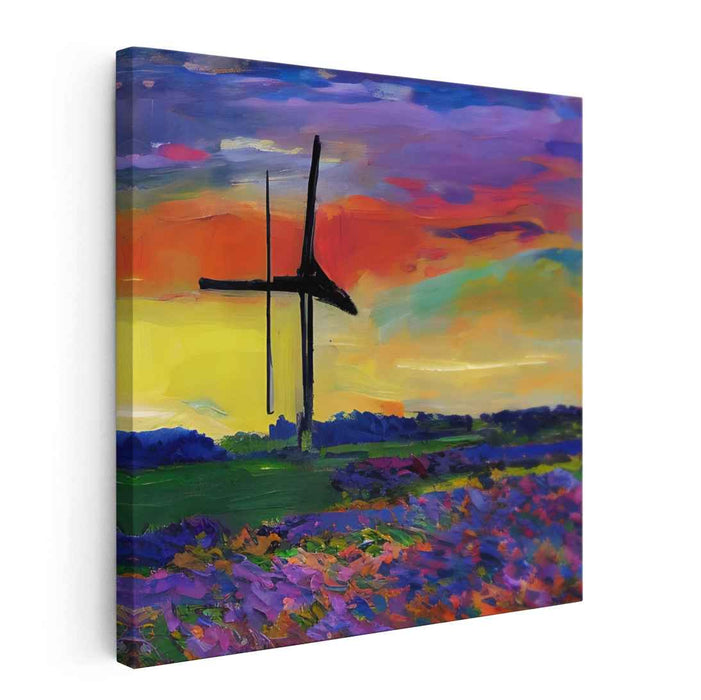 Whirligig Whispers: Vibrant Windmill Landscape Canvas Art Print