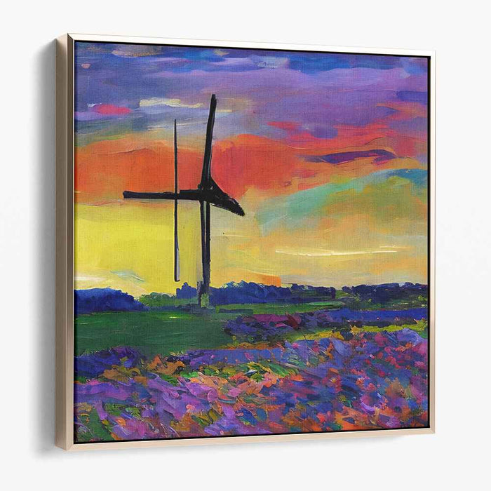Whirligig Whispers: Vibrant Windmill Landscape Canvas Art Print