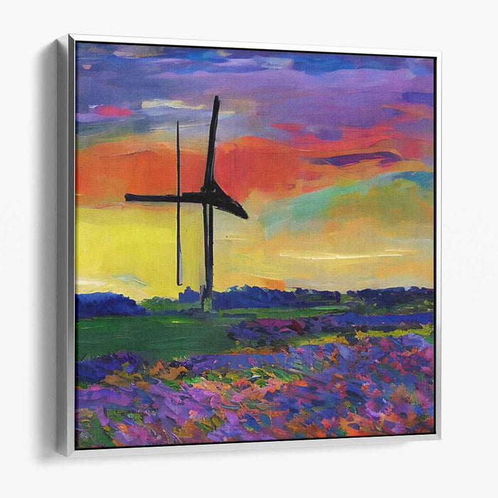 Whirligig Whispers: Vibrant Windmill Landscape Canvas Art Print