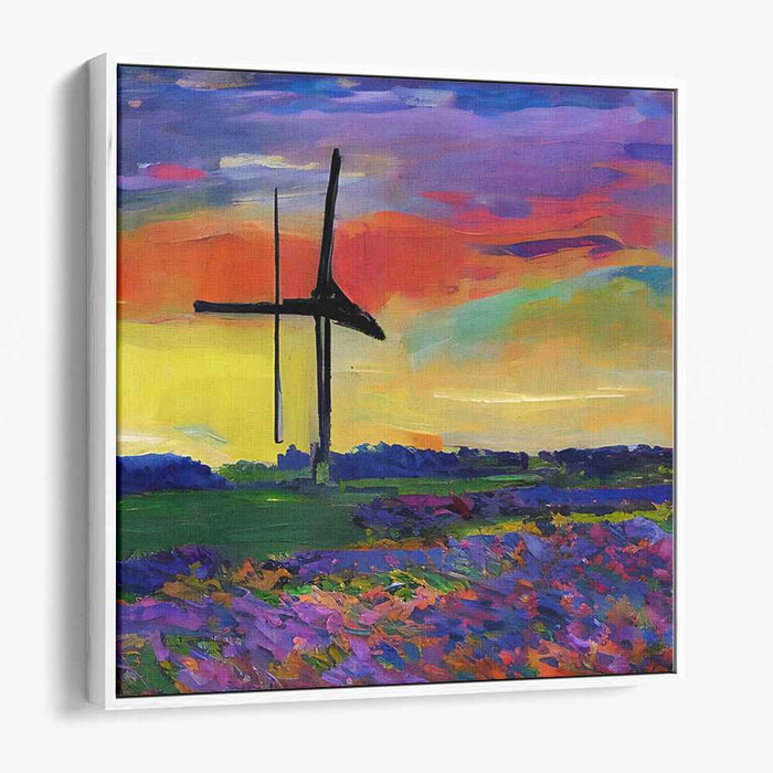 Whirligig Whispers: Vibrant Windmill Landscape Canvas Art Print