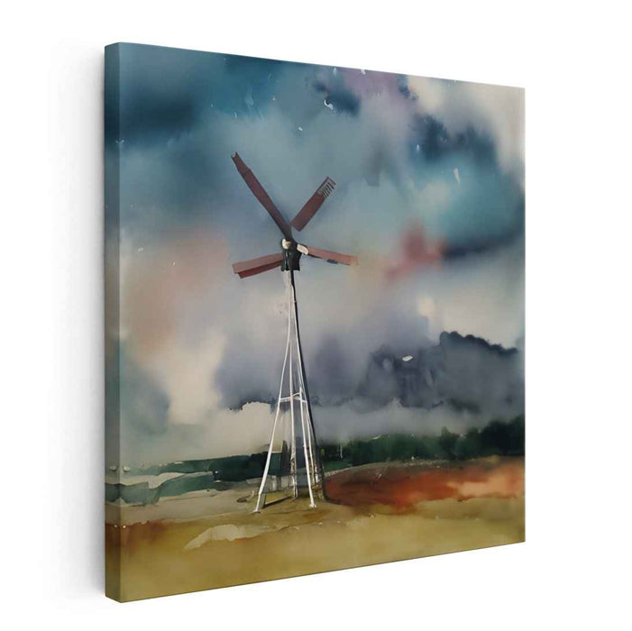 Storm's Respite: Impressionist Watercolor Windmill Landscape