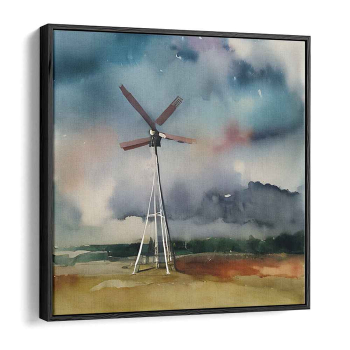 Storm's Respite: Impressionist Watercolor Windmill Landscape