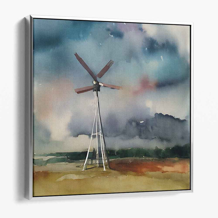 Storm's Respite: Impressionist Watercolor Windmill Landscape