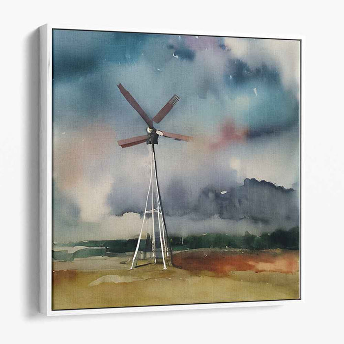Storm's Respite: Impressionist Watercolor Windmill Landscape