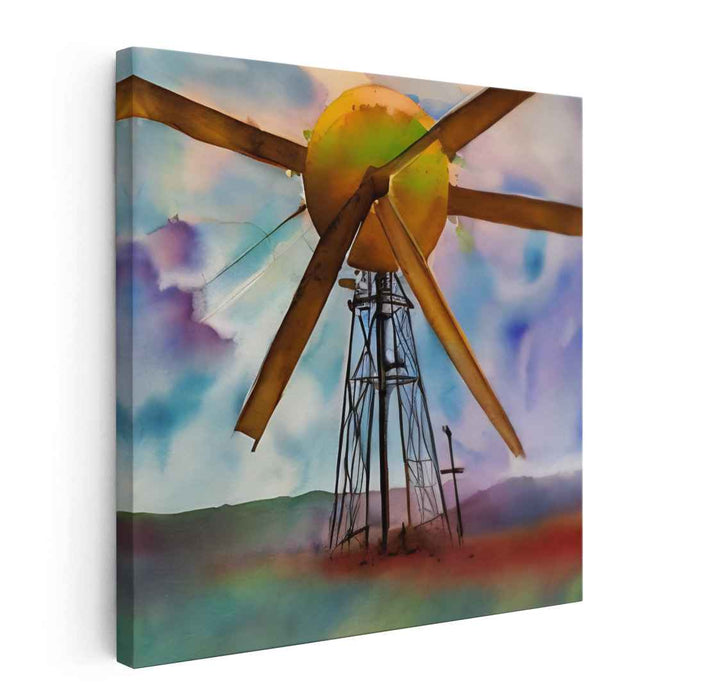 Surreal Windmill: Dreamlike Watercolor Landscape Canvas Art