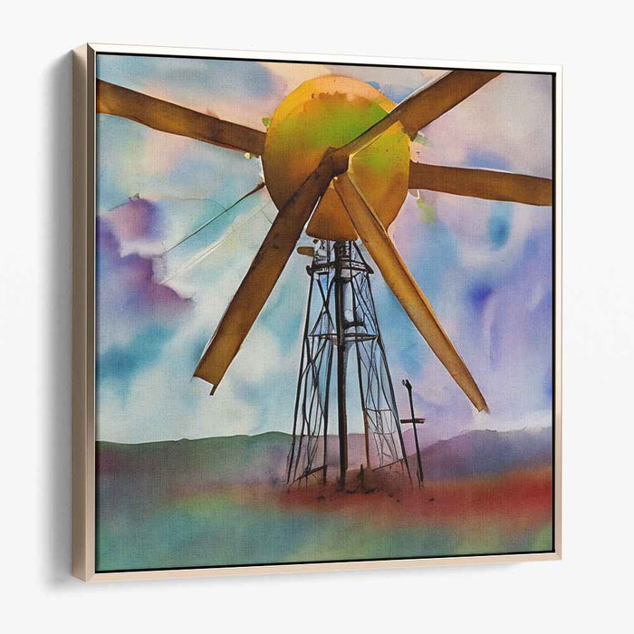 Surreal Windmill: Dreamlike Watercolor Landscape Canvas Art