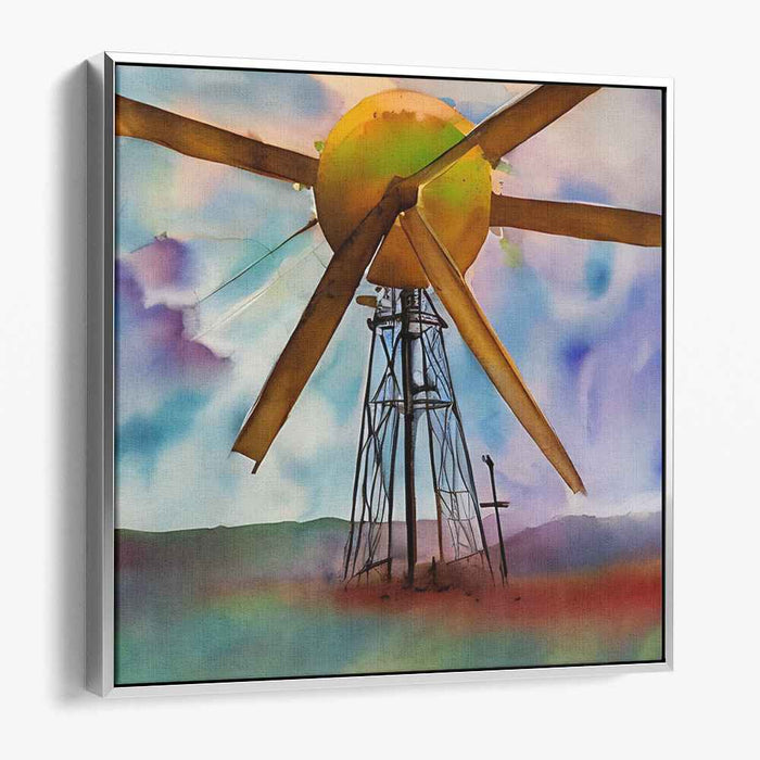 Surreal Windmill: Dreamlike Watercolor Landscape Canvas Art