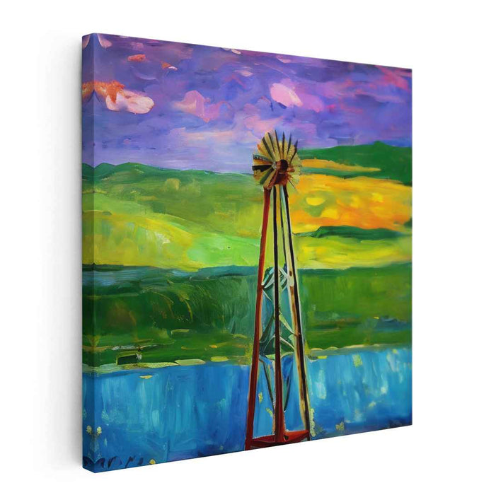 Zephyr's Domain: Vibrant Landscape with Windmill Canvas Art