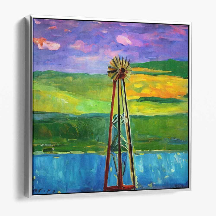 Zephyr's Domain: Vibrant Landscape with Windmill Canvas Art