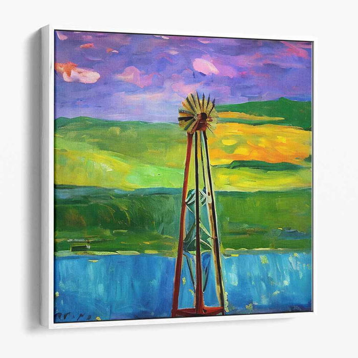 Zephyr's Domain: Vibrant Landscape with Windmill Canvas Art