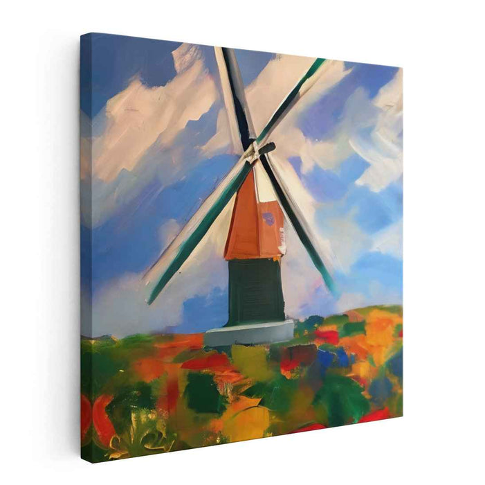 Renewable Harvest Fields: Vibrant Windmill in Blossoming Landscape Canvas Art