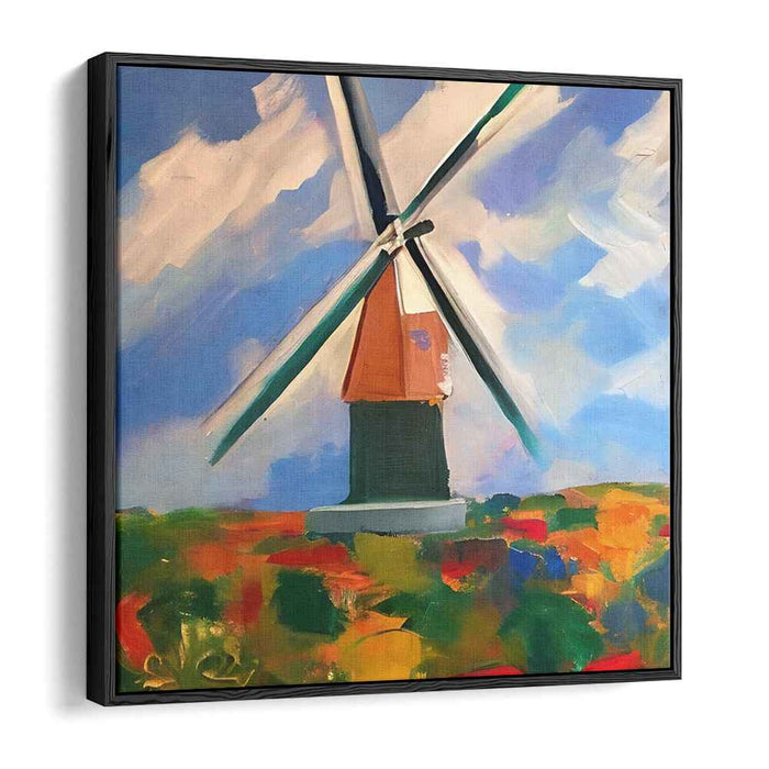 Renewable Harvest Fields: Vibrant Windmill in Blossoming Landscape Canvas Art