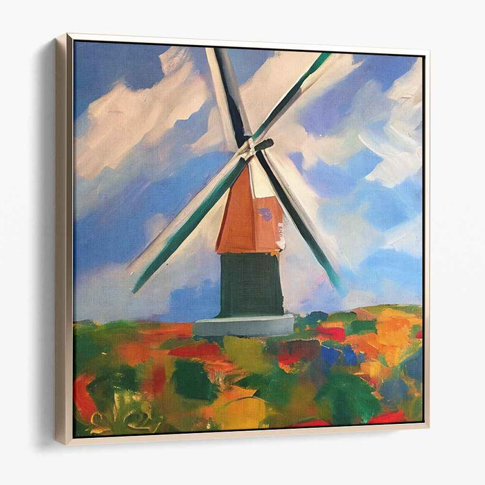 Renewable Harvest Fields: Vibrant Windmill in Blossoming Landscape Canvas Art