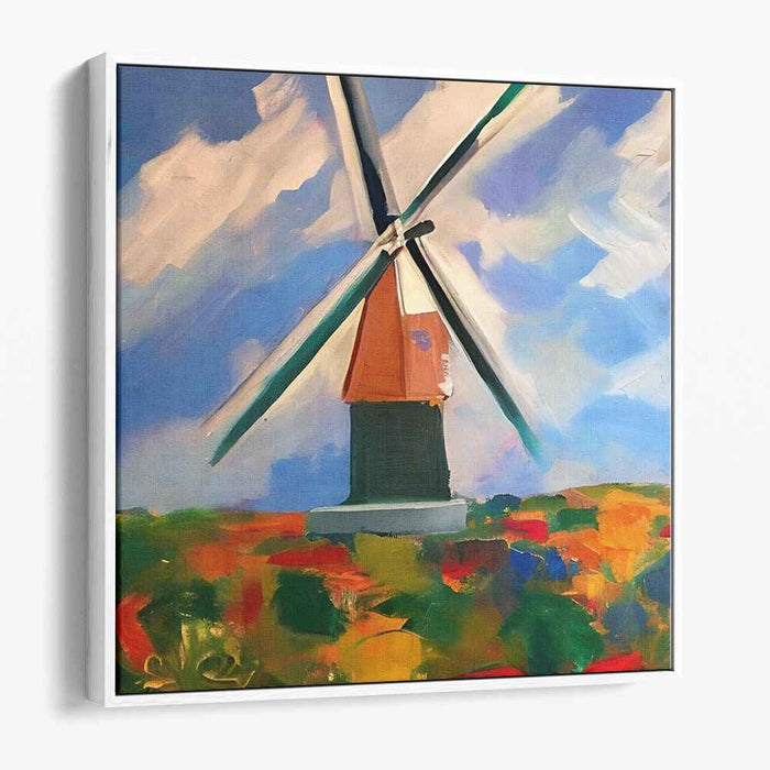 Renewable Harvest Fields: Vibrant Windmill in Blossoming Landscape Canvas Art