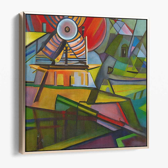 Whirlwind Geometry Bliss: Abstract Cubist Landscape with Windmill