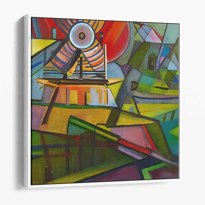 Whirlwind Geometry Bliss: Abstract Cubist Landscape with Windmill