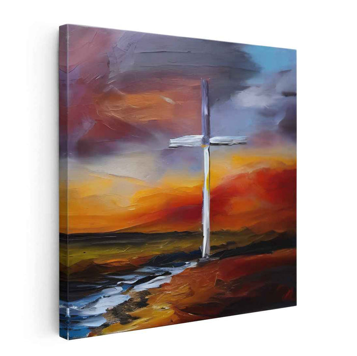 Radiant Cross: Expressionist Sunset Canvas Art Print