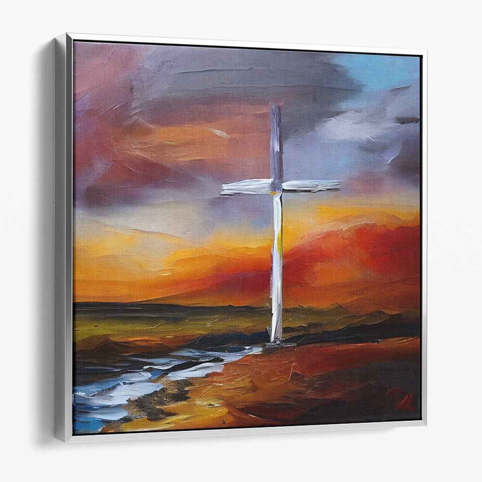 Radiant Cross: Expressionist Sunset Canvas Art Print