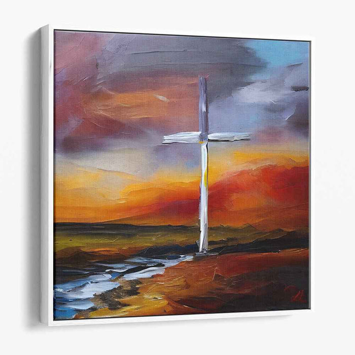 Radiant Cross: Expressionist Sunset Canvas Art Print