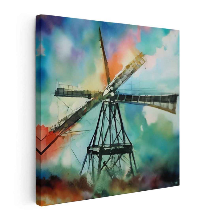 Whispers in Pastel Dreams: Dreamlike Watercolor Windmill Canvas Art