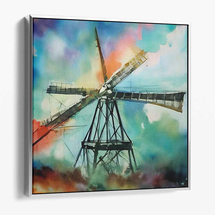 Whispers in Pastel Dreams: Dreamlike Watercolor Windmill Canvas Art