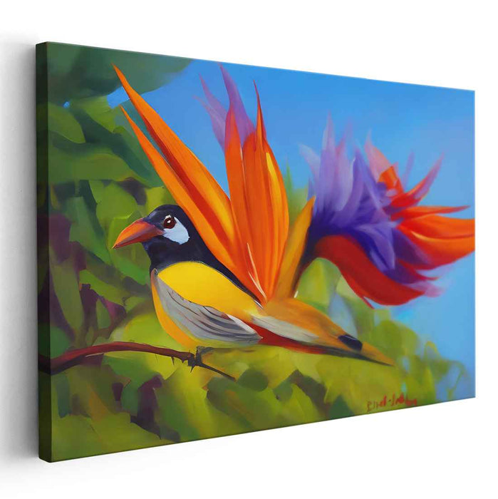 Flight of Spectrum Feathers: Vibrant Bird in Flight Canvas Art Print